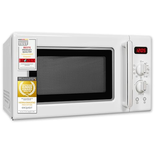 Exquisit Retro-Mikrowelle 700 Watt, 25,5 cm Drehteller, 1000 Watt Grill, 20L, 5 Leistungsstufen, Timer, Auftaufunktion, 2 Drehregler, RMW720-3GDIG weiss