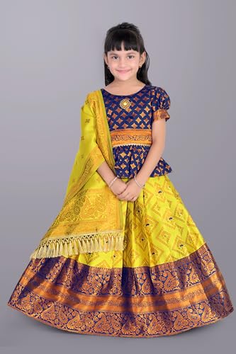 Image of Girls Pattu Pavadai Ready to Wear Lehenga, Blouse & Dupatta Set - Heavy Jacquard Fabric, Fully Stitched