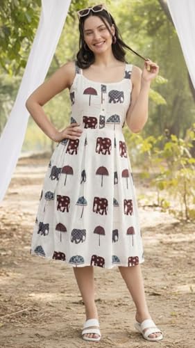Image of Bollyclues Women's Cotton Printed Midi Dress | Sleeveless Square Neck Casual Summer Dress for Women | Stylish Vacation Dress