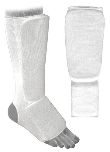 VADER SPORTS EST.2001 WITH YOU ALL THE WAY Elasticated white Shin and instep pads for Karate Muay Thai MMA UFC Taekwondo Adult/kids kick boxing shin and instep pads. (Extra Large/adults)