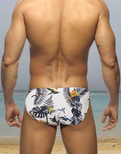 MIZOK Men's Ployester Swimsuit Bikini Briefs with Adjustable Drawstring Bird L