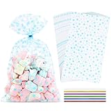 LEOSINDA 100Pcs Cellophane Treat Bags,5 X 11 Inches Blue Star Clear Cellophane Bags,for Gift Wrapping,Packaging Candies,Dessert,Bakery, Cookies, Chocolate,Party Party Decorations