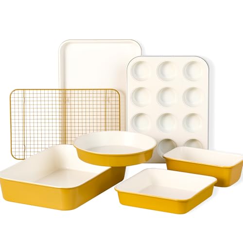 CAROTE 7-Piece Ceramic Baking Pans Set Aluminized Steel Bakeware Sets Toxin-Free Nonstick Stackable Oven Pans with Cookie Sheet Muffin Pan Loaf Pan Roasting Pan Cake Pans Cooling Rack