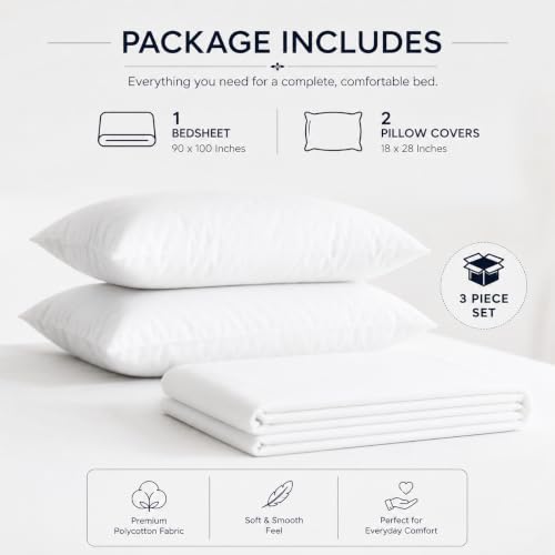 Image of Blue Strip Polycotton Bedsheet, Double 90x100 (Pure White) | Hotel Quality | Soft, Breathable & Colourfast | Wrinkle Resistant | Machine Washable | Pillow Covers Included