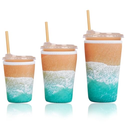 Image of Reusable Insulated Sleeve for Iced Coffee Cup, 3-Pack Coffee Neoprene Drink Sleeve for Cold & Hot Drinks, Beverage Holder for Iced Coffee (Beach Waves)