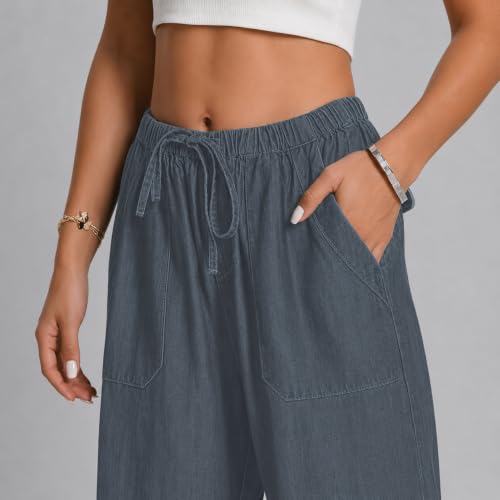 Image of TOPLOT Woman's Wide Leg Drawstring Trousers with Elastic Waist | Relaxed Fit Casual Pants with Pockets | Comfortable Everyday Wear for Travel and Office Wear (5251)