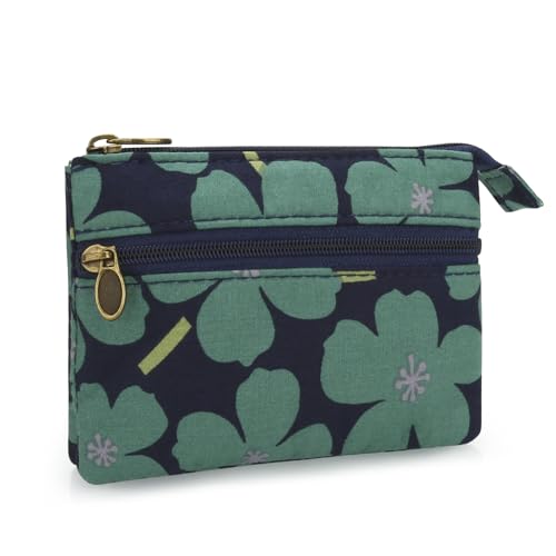 JINSI Mini Floral Coin Purse for Women, Small Cute Handmade Cotton Zip Wallet, Portable Vintage Change Pouch & Card Holder (flower green)