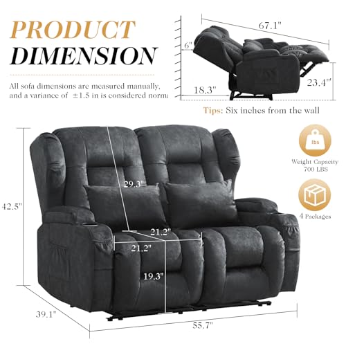 Image of Loveseat Recliner Sofa,RV Wall Hugger Recliners for Small Spaces,Reclining Loveseat Sofa Recliner with Cup Holders /Lumbar Pillows,RV Furniture (Velvet Gray, 56 inch 2-Seater)