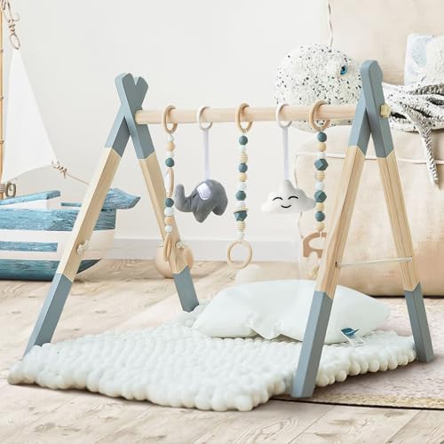 Wooden Foldable Baby Play Gym Frame Activity Hanging Bar With 5 Toys - Natural for Newborn (Grey) - Thumbnail 3