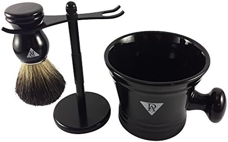 Dapper Addiction 3-Piece Shaving Set includes Pure Badger Hair Brush, Soap Bowl and Metal Razor Stand, Black