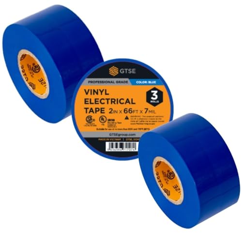 Image of GTSE Wide Blue Electrical Tape, 3-Pack - Waterproof, Industrial Grade Vinyl, 2 in x 66ft- Strong Self-Adhesive PVC Electric Tape for Wire Insulation, 7 Mil, 600V - UL /CSA Listed