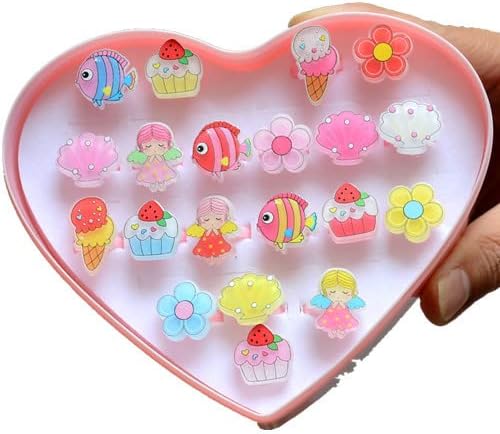FEIFEI'S BOW 20Pcs Adjustable Princess pink Jewelry Girl Kids elsa Cartoon Plastic Rings Gift Set including Heart Shape Box (Drill 20PCS) - Image 4