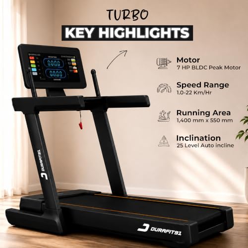 Image of Durafit91 Turbo | 7HP Peak BLDC Motorized Treadmill | 25 Level Auto Incline | Home Cardio | Max Speed 22 Km /Hr | Max User Weight 150 Kg | Black