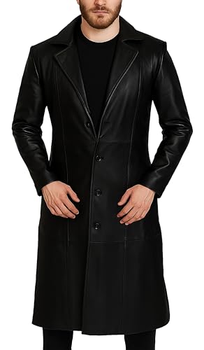 Men's Black Leather Trench Coat - Vintage Real Lambskin Leather Full Length Jacket for Men