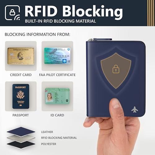 Pilot document holder, Pilot wallet, RFID-Blocking, Travel Wallet, Stylish Travel Companion for Aviation Professionals (Real Leather_V2, Blue, Classic)4