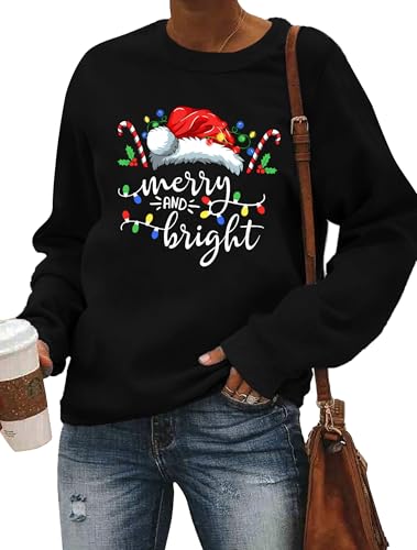 Image of Christmas Sweatshirt Women Merry and Bright Christmas T-Shirt Funny Xmas Lights Blouse Tops Holiday Shirts