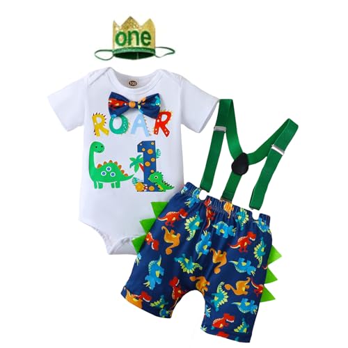 LUZOZEZO Baby Boy 1st Birthday Clothes Bow Tie Dinosaur Romper Pants Set Adjustable Y Back Suspenders Cake Smash Outfits