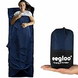 Ultraleichter Hüttenschlafsack 190 g – 220x70 cm – Kompakt 7x14 cm – Sommerschlafsack & Inlett mit Kissenfach & Softklett – Reise- & Backpacking Schlafsack Navy Blau inkl. Karabiner