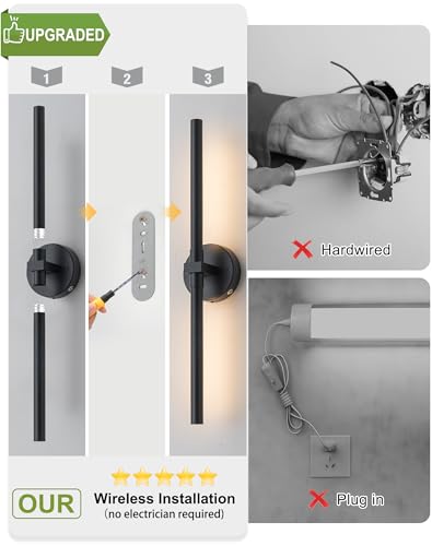 Image of 2025 New Black Wall Sconces Set of Two Battery Operated, 24 Inch Wireless Modern USB Rechargeable Wall Sconce Set of 2, 360 Rotable Remote LED Sconces Wall Light Decor , Dimmable 3 Color Temperature