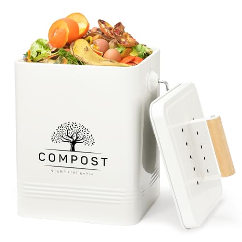 Perfnique Kitchen Compost Bin, 6L Countertop Compost Bin with Lid, Indoor Compost Bin Includes 2 Carbon Filters, Small Compost Bucket, Food Waste Bin for Kitchen with Trash Bags (Cream White)