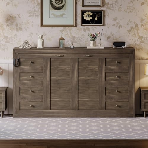 SOFTSEA Horizontal Murphy Bed Twin Size with LED Lights, Brown