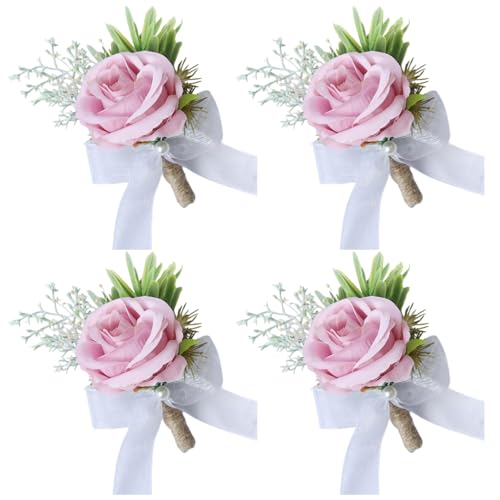 Pink Rose Wrist Corsage and Boutonniere Set Wedding Bridal Wrist Flower Corsages with Pearl Wristlet Band Bracelet Pin for Bride