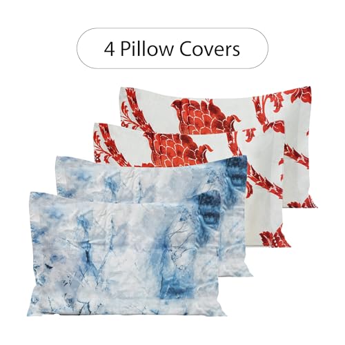 Image of LANE LINEN 210TC Cotton Bedsheet Set Super King - Pack of 2 (6-Piece) | 2 Bedsheets & 4 Pillow Covers | Soft, Breathable, Digital Print - Floral Red & Abstract Blue