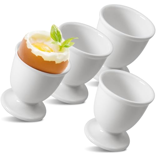 Image of Ceramic Egg Cups 4 Pcs, White Porcelain Egg Holder for Boiled Eggs | High-Fired Shatterproof Build, Dishwasher Safe Clean, Great for Breakfast Cooking Kitchen / Gift Childhood Memories