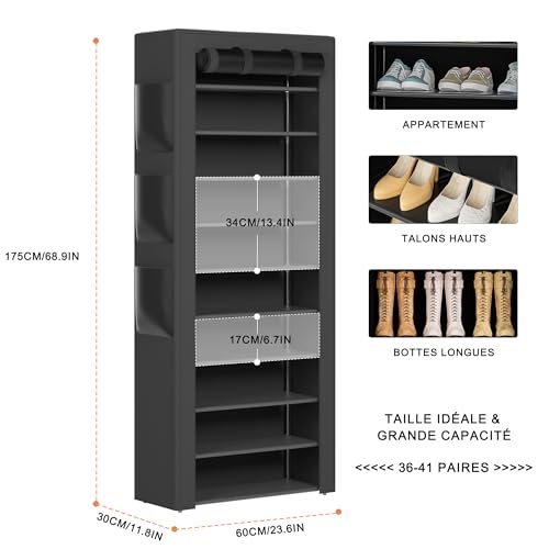 OYREL Étagère à Chaussures 11 Niveaux, Grande Armoire à Chaussures Haute pour 36-41 Paires de Chaussures, Stockage Chaussure-Organisateur avec Couverture étanche à la poussière – Image 4