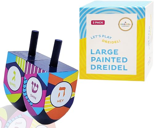 The-Dreidel-Company-Lets-Play-Dreidel-The-Hanukkah-Game-2-Multi-Colored-Extra-Large-Hand-Painted-Wood-DreidelsaE-Style-4-Pack-of-2