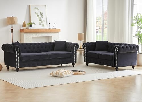 Image of 2 Piece Living Room Sofa Set, Velvet Button Tufted Couch and Loveseat Set with Nailhead Trim&Roll Armrests, Mid Century Modern Chesterfield Sofa for Living Room, Office(Loveseat+3 Seater, Dark Black)