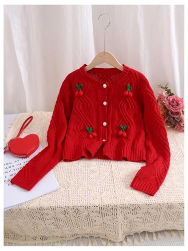 Girl's Cherry Appliques Cardigan Sweaters Button Down Crewneck Long Sleeve Knit Tops4