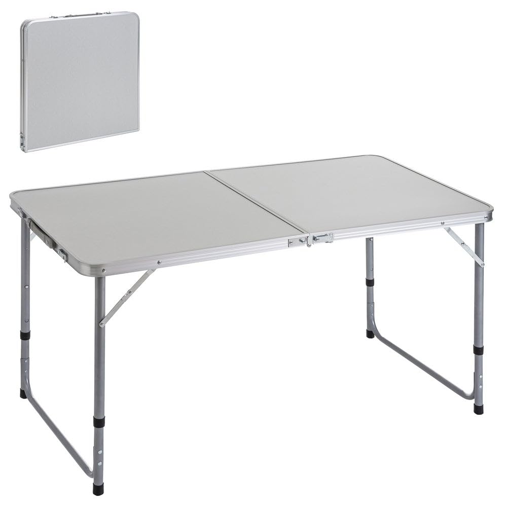 Mesa plegable camping y playa 120x60x70 cm, atura regulable 50-60-70 cm, mesa picnic portátil con asa transporte, patas plegables acero, tablero MDF aspecto madera nogal, gris, antivuelco y compacta.