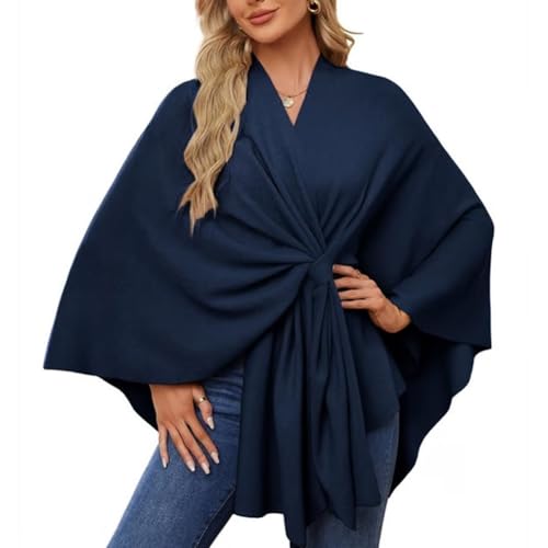Women's Dayyearn Elegant Shawl Wraps Soft Open Front Poncho Sweater, Cross Front Knit Cape for Spring Fall Winter(Dark Blue)
