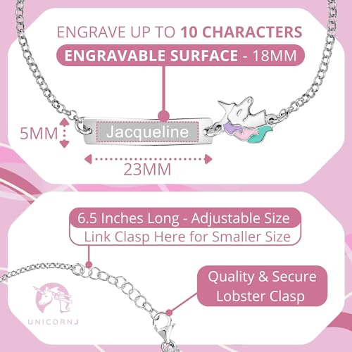 Image of UNICORNJ Sterling Silver 925 Engravable ID Bracelet Rolo Chain for Girls Heart with Pink Enamel 6.5 inch