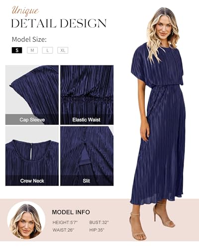 Image of ECOWISH Women Maxi Dresses Cocktail Party Wedding Guest Formal Pleated Long Dress Short Sleeve Slit Empire Waist Evening Gown