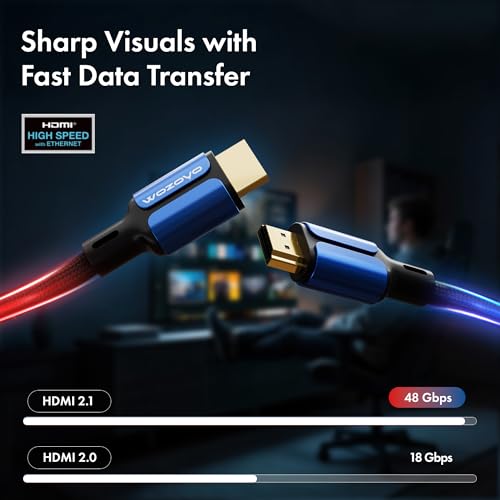 Image of HDMI Cable V2.1 with Ethernet,Wozoyo 8k@60Hz,4K@120Hz UHD Resolution,2 Mtr braided, 48 Gbps transmission Ultra high Speed,HDR /HDR10 /Dolby Vision,Dolby Atmos and DTS:X,Compatible with all HDMI Devices