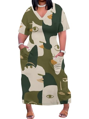 Image of Plus Size Maxi Dress for Women Short Sleeve V Neck Casual Loose Sundress with Pockets