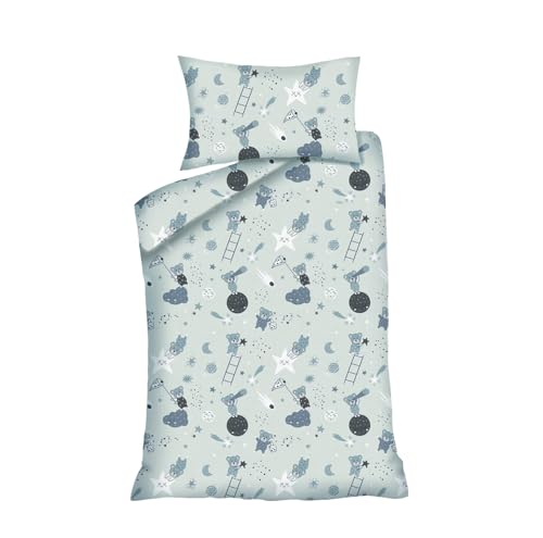 Hajran Linen 100% Pure Cotton 2 Pcs Baby Cot Duvet/Quilt Cover Set | 1 Duvet/Quilt Cover (120 x 90 cm) & 1 Pillowcase (40 x 60 cm) | Breathable, Soft, Comfy, Anti-allergic (Grey Teddy & Moon)