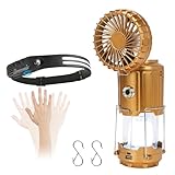 Camping Light Set, Headlamp with Motion Sensor & Solar Camping Fan Lantern, 230° COB Headlamp and 5-in-1 Rechargeable LED Lantern with Fan, Phone Charger for Hiking, Emergency, Outdoor Gear,Gold
