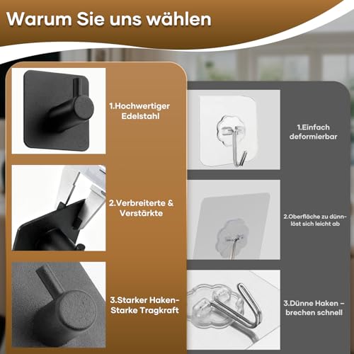 Timzeit Handtuchhalter ohne Bohren - 6er set Handtuchhaken schwarz Badezimmer Handtuchhalter aus Edelstahl Selbstklebender Wandhaken mit 3M-Klebehaken hohe Tragkraft Wasserfeste Haken für Bad