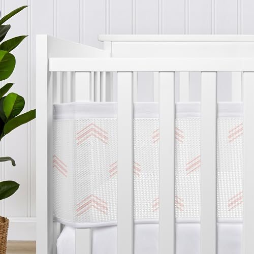 Image of Sweet Jojo Designs + BreathableBaby Boho Bohemian Girl Breathable Mesh Crib Liner Baby and Infant - Blush Pink and White Farmhouse Shabby Chic Designer Modern Minimalist Geometric Arrows