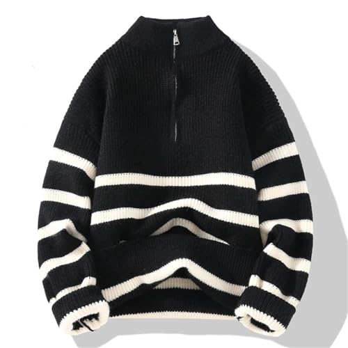 Men's Chic Handsome Zippers Sweater Warm Men Stripe Pattern Stand Collar Size Age Reduction Sweater4