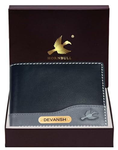 Image of HORNBULL Men's Personalized Wallet I Customized Slim Stylish Leather Purse with Name I Unique Birthday Gift for Men Boy Love Husband (Black /Gry)