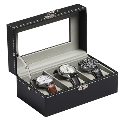 AUTOARK MKAW097 - Caja de cuero y terciopelo para 3 relojes, con tapa de cristal, organizador de joyas con cerradura, almohadas extraíbles para reloj, color negro, MKAW097
