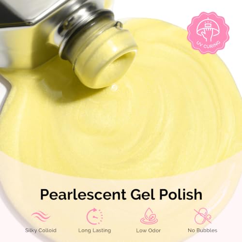 Image of MelodySusie Lemon Yellow Pearl Gel Nail Polish,0.5fl oz Soak Off UV LED Drawing Shimmer Gel Polish Soak Off Swirl Shell Thread Effect Gifts for Women Nail Art Manicure Salon DIY Nail Design-A1906