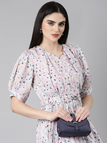 Image of SHOWOFFFF Women Printed Fit and Flare Casual Dress | Sweetheart Neck 3 /4th Sleeves Cotton Dress for Womens | Knee Length Dress for Women's