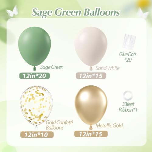 Image of 60pcs 12inch Sage Green Balloons with Sand White Gold Confetti Balloons