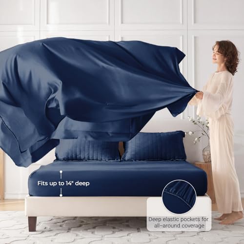 Image of MUXHOMO 7 Pieces Oversized Queen Comforter Set, Seersucker Bed in a Bag Oversized Queen Size, All Season Luxury Bedding Set with Comforter, Flat Sheet, Fitted Sheet, Pillowcases & Shams, Navy Blue