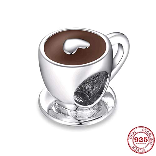 Marni's - Charm Taza de Café con Corazón - Colgante Plata de Ley 925 para Collares y Pulseras, Compatible Marcas Europeas - Abalorio Regalo de San Valentín o cumpleaños niñas y Mujeres (Plata)